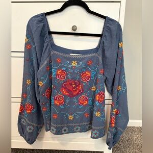 Embroidered Square-Neck Peasant Top - Blue with Red Floral